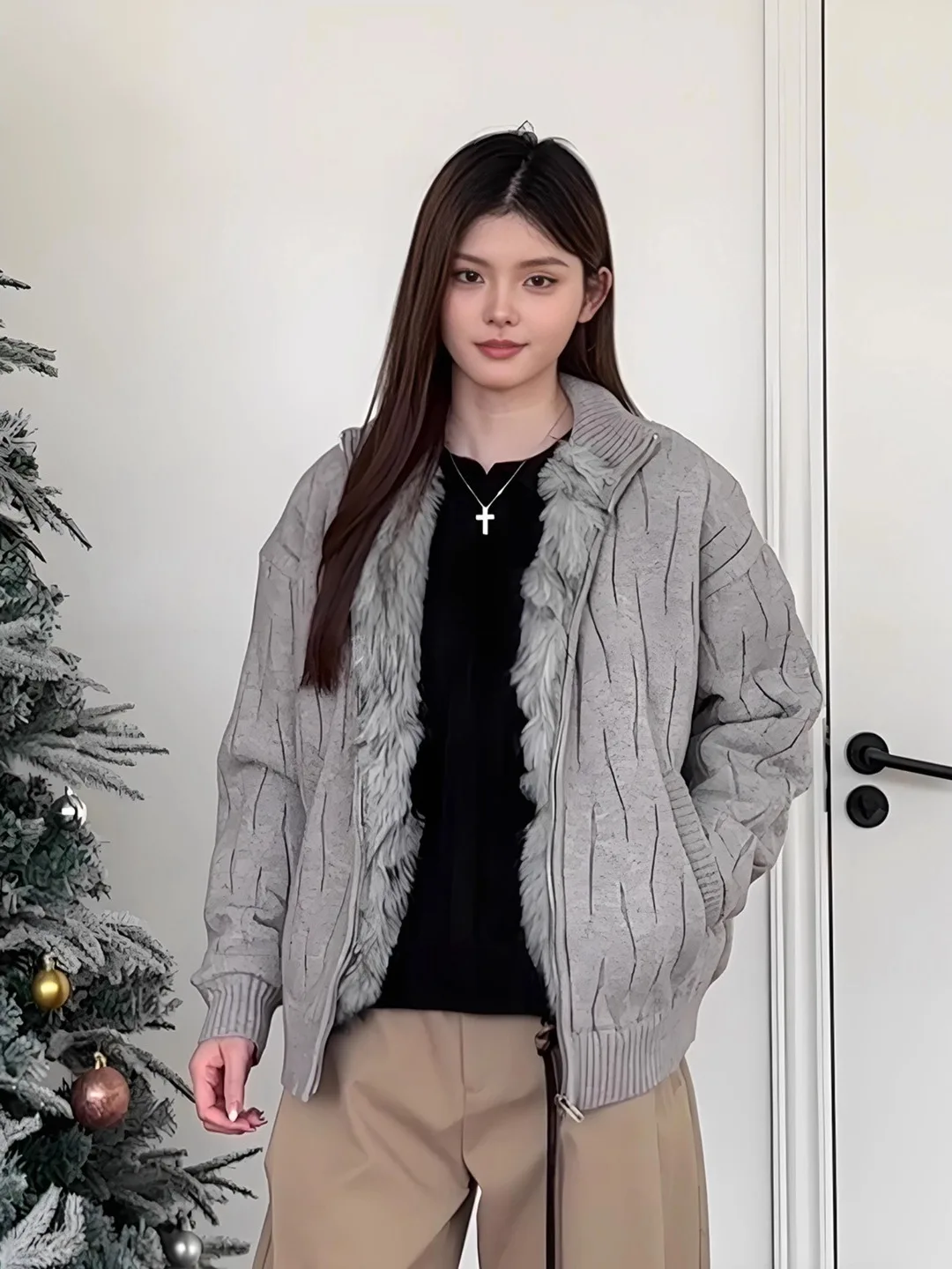 

Мужская хлопковая куртка с флисовой подкладкой и вязаным узором, осенне-зимняя, утепленная, с интегрированным мехом, дизайн «Тисель Твист»