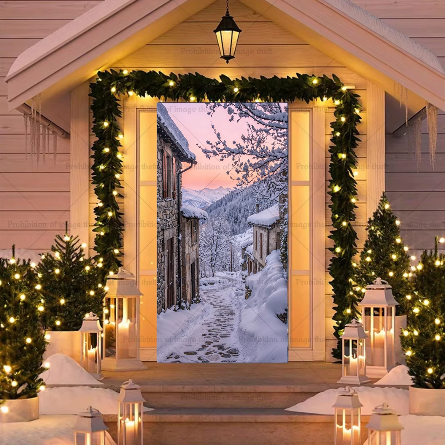 Winter Street Theme Background Snowflake Blue Sky Night Warm Streetlight Door Cover Party Decoration Poster Banner Prop Gift