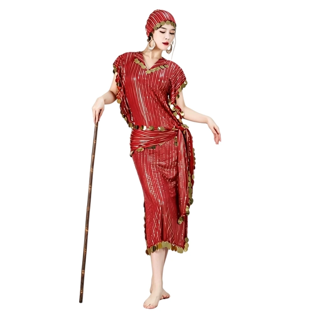 Elegant Striped Sequin Robe for Women Baladi Saidi Belly Dance Performance Competition Dress Oriental Folk Clothing Dance Outfit