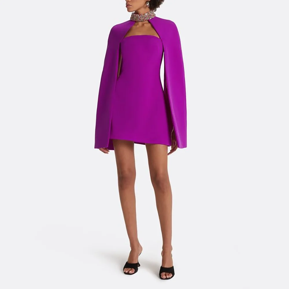 

Модные фиолетовые кристаллы и бисер с высоким воротом, вечерние платья трапециевидной формы, короткие платья для выпускного вечера с короткими рукавами по индивидуальному заказу