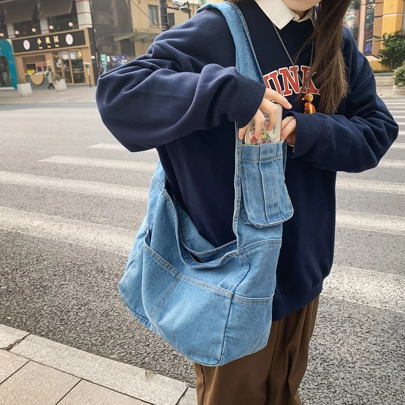 Denimowa torba damska 2022 nowe ekologiczne torebki damskie wielokrotnego użytku płócienne zakupy podróżne torby na ramię dżinsy unisex Crossbody torba na zakupy