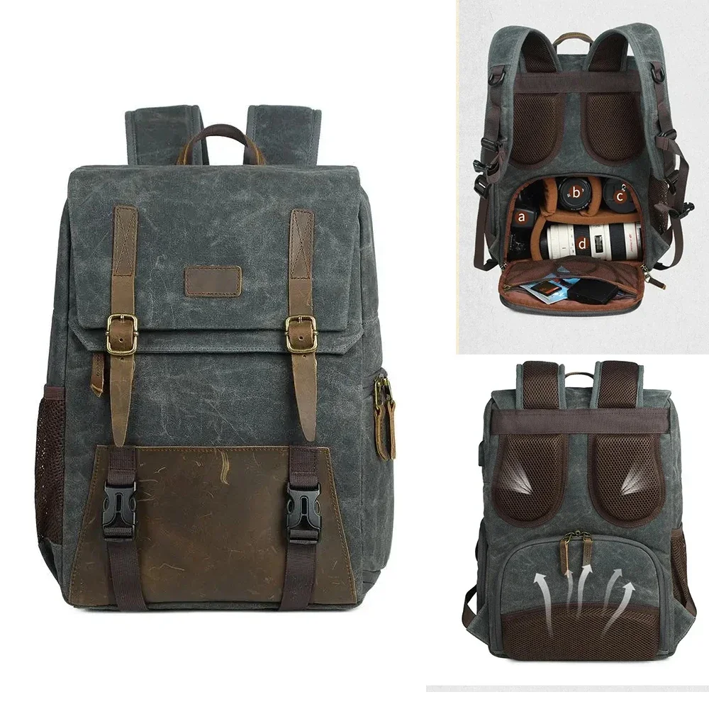 Photo Batik Canvas Waterproof + Leather Camera Bag Backpacks Large Capacity Laptop Carry Bag For Digital Video Camera Travel Bag