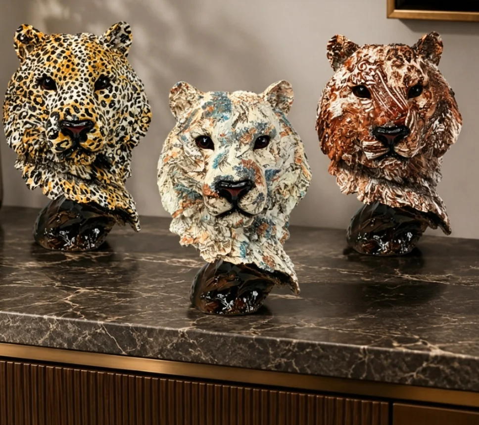 Resin Animal Bust Sculpture Leopard Head Figurine Retro Wildlife Statue Tabletop Desktop Ornament Home Office Decoration Craft
