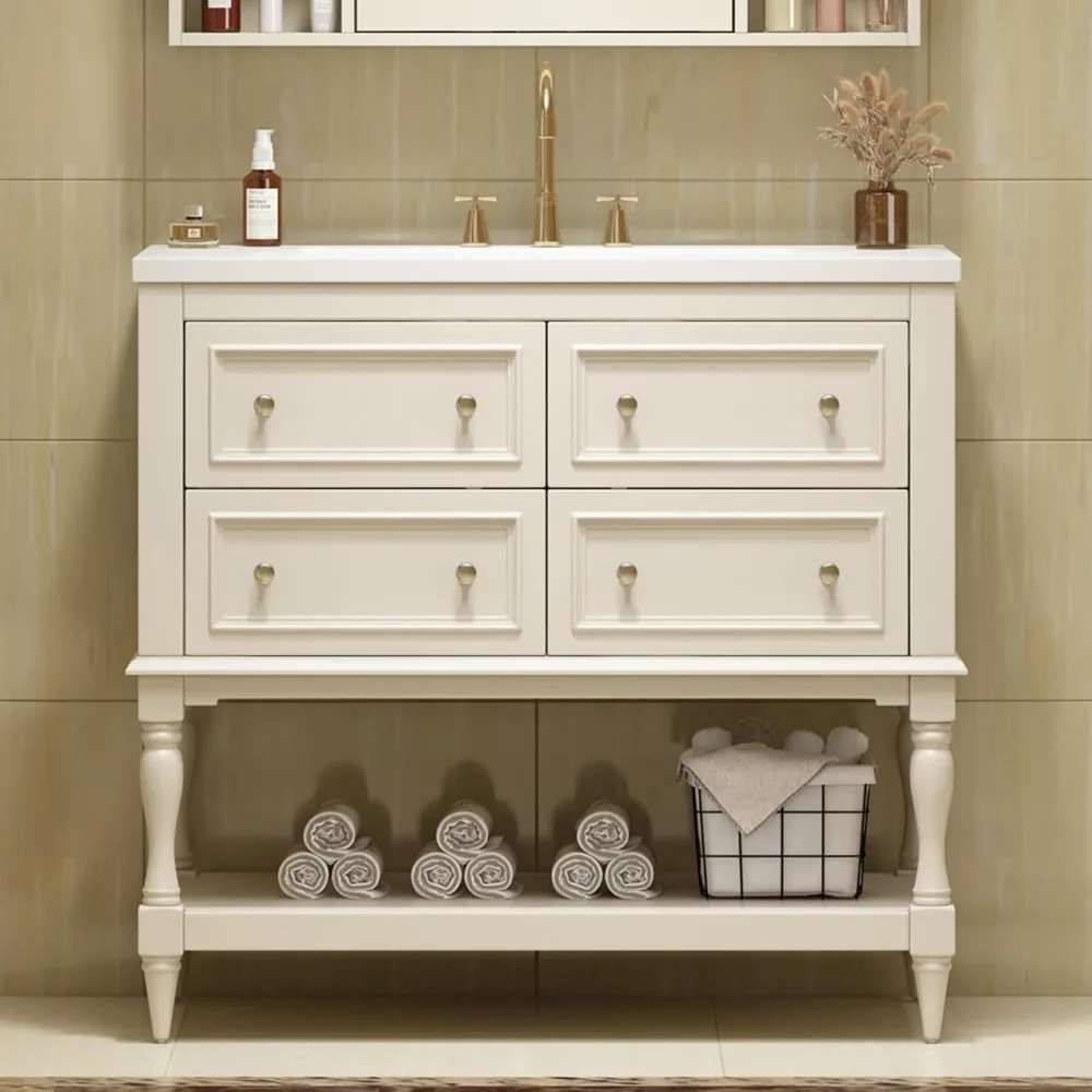 

Country 36" Bathroom Vanity with Sink, Farmhouse Bathroom Vanity Storage Cabinet with 4 Drawers and Open Shelf, Solid Wood