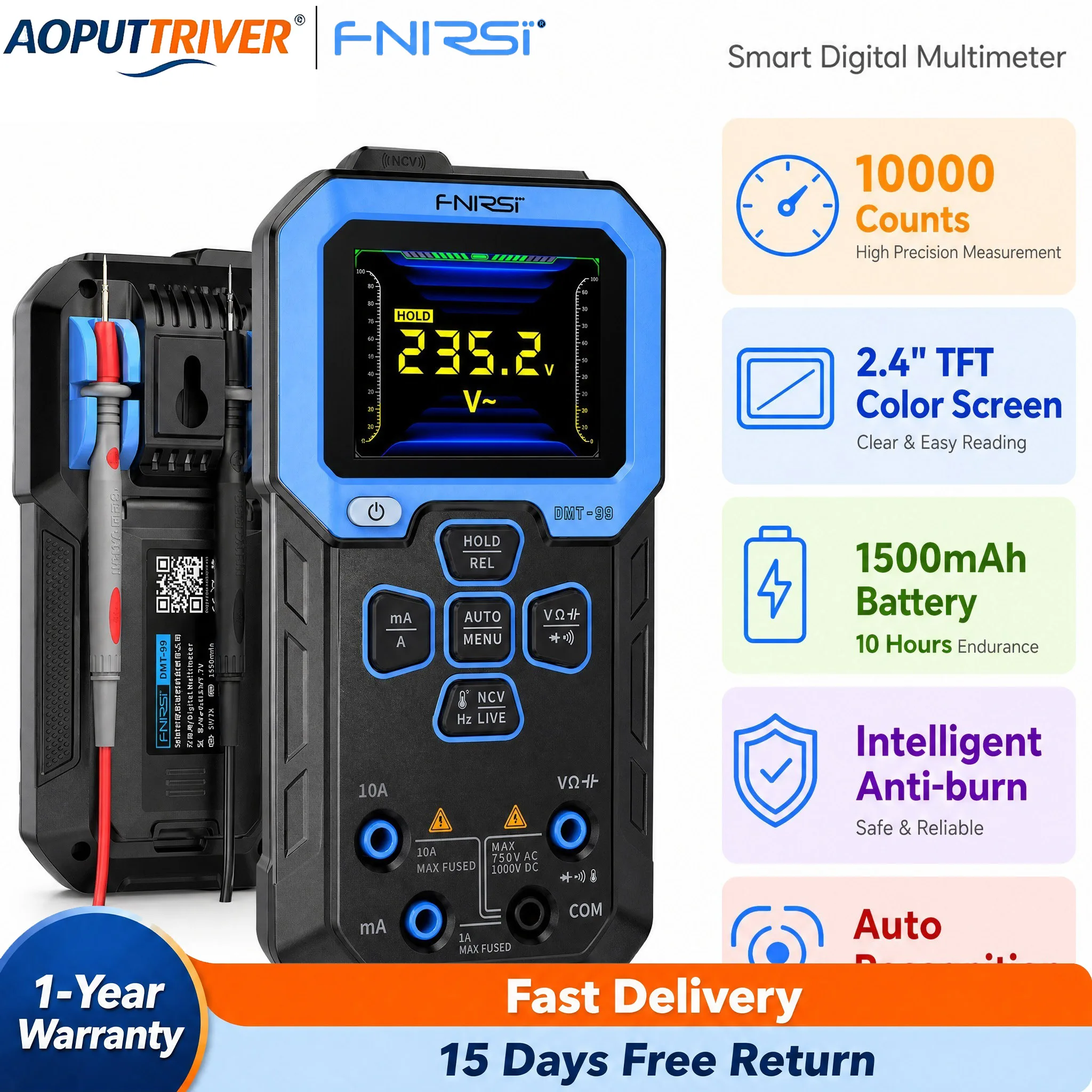 FNIRSI DMT-99 Digital Multimeter 10000 Counts Auto Ranging AC/DC Voltage Current Capacitance NCV Live Wire Tester for Automotive