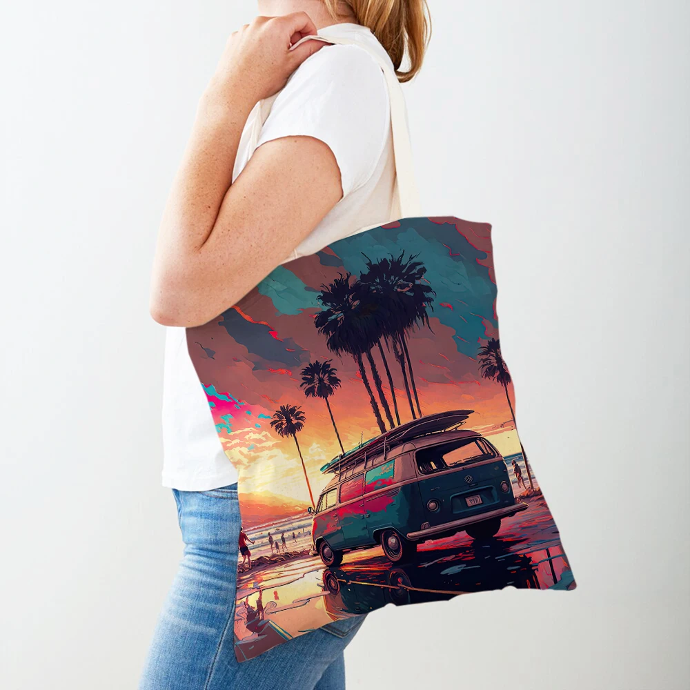 Summer Vacation Seaside Dusk Landscape Women Shopping Bags Double Print Casual Canvas Handbag Shopper Bag Lady Shoulder Tote