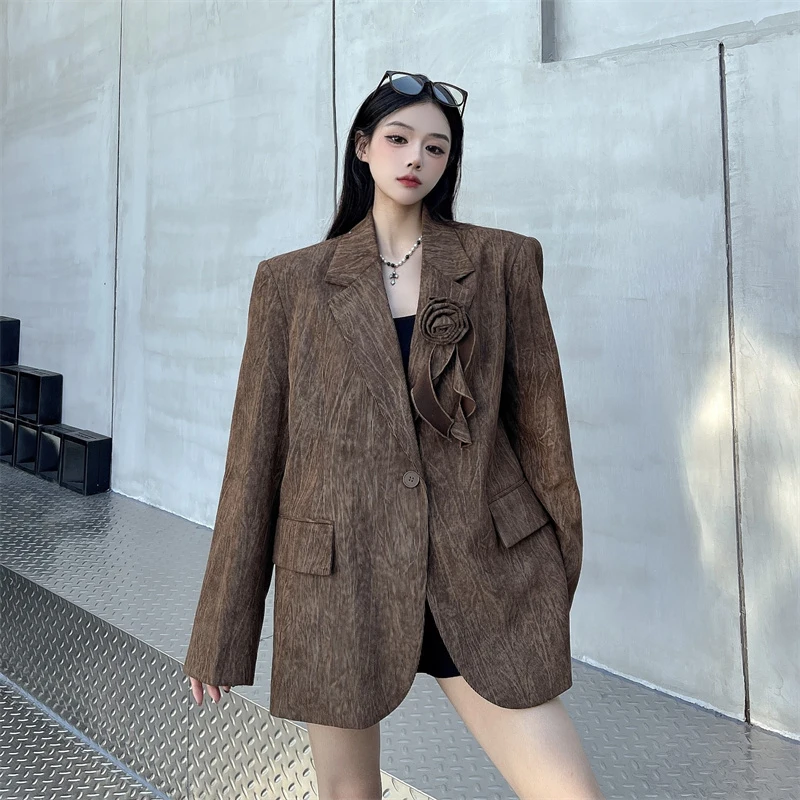 Vintage élégant tridimensionnel fleur ample costume veste printemps automne un bouton manteau femme surdimensionné veste manteau