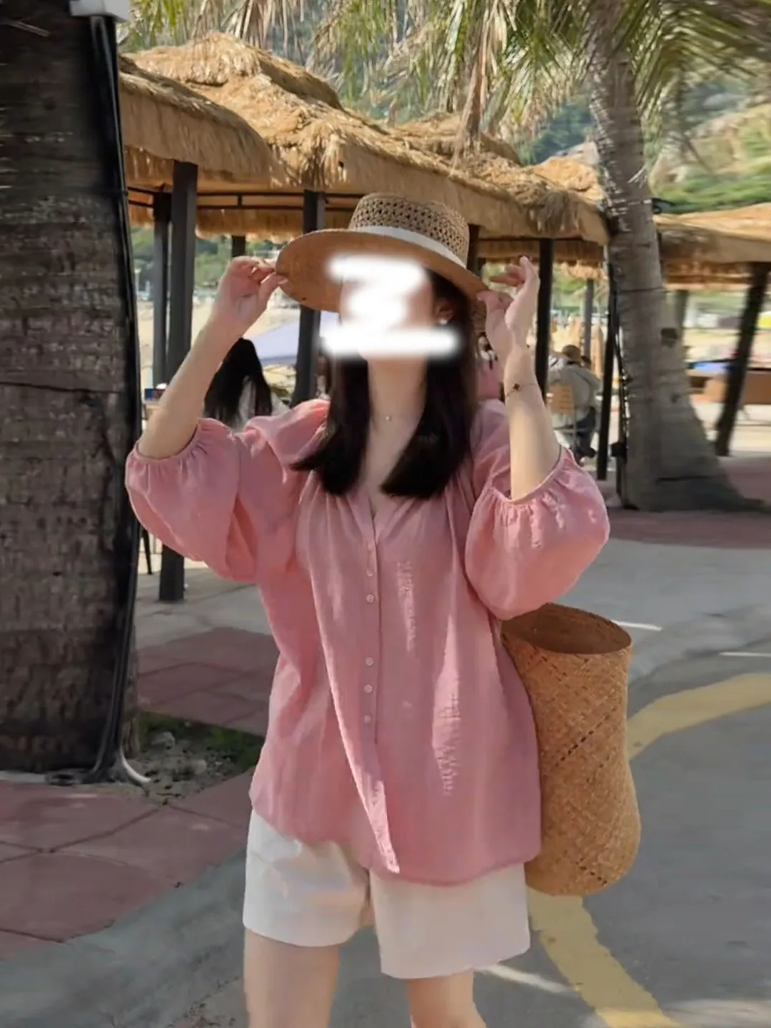 

Elegant Pink Lantern Sleeve Linen Shirt Women's Summer New Style Retro Beautiful Sun Protection Top Korean Style Loose Fit