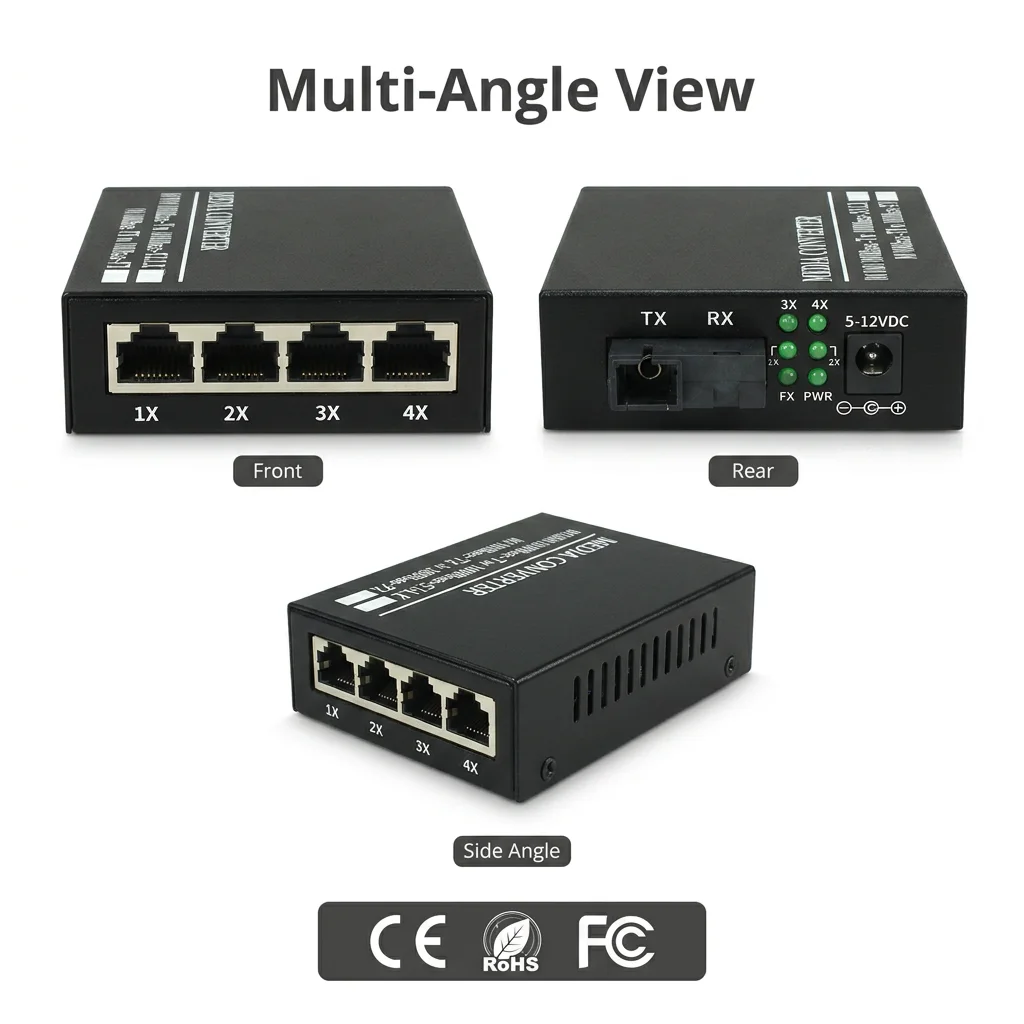 1 SC 4 RJ45 Ports Gigabit Ethernet Media Converter 1.25G Single-Mode BiDi Optical Module Support Up to 20km