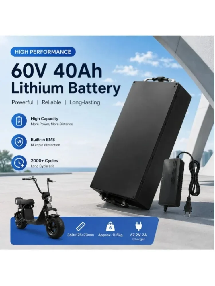 60V Lithium-Akkupack 20Ah 30Ah 40Ah mit Smart BMS für Fat Tire Elektroroller 500W-2000W, inklusive 67,2V 2A Ladegerät, EU-Lager Schnelle Lieferung, Hochkapazitäts-Ersatzakku für Stadtpendeln und