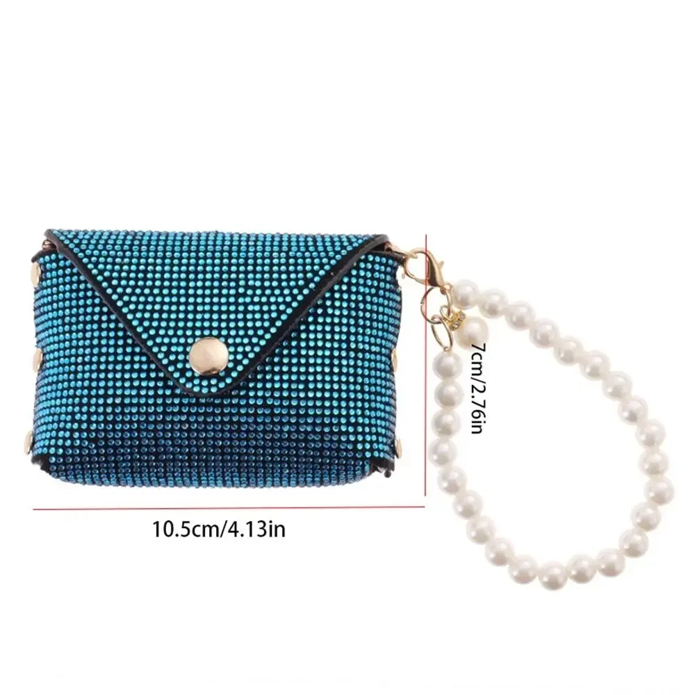 Korean Style Portable Shiny Rhinestone Coin Purse PU Leather Clutch Bag With Pearl Lanyard