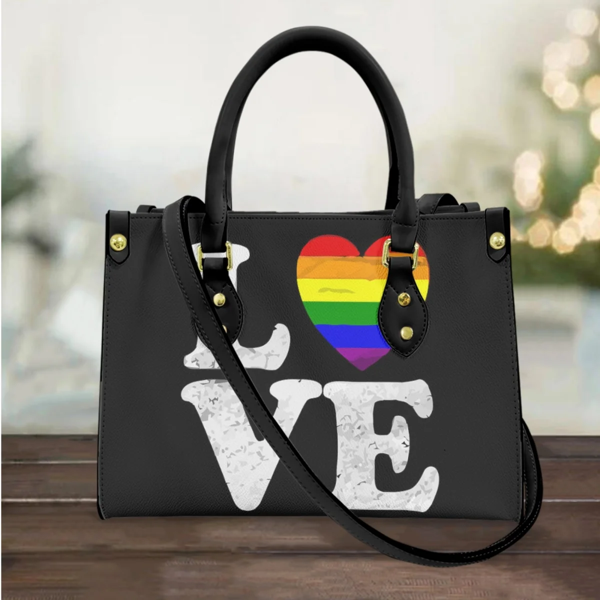 FORUDESIGNS Love Is Love Women Fashion Handbag Rainbow Heart Print Leather Shoulder Bag Large Messenger Bag Travel Accessories