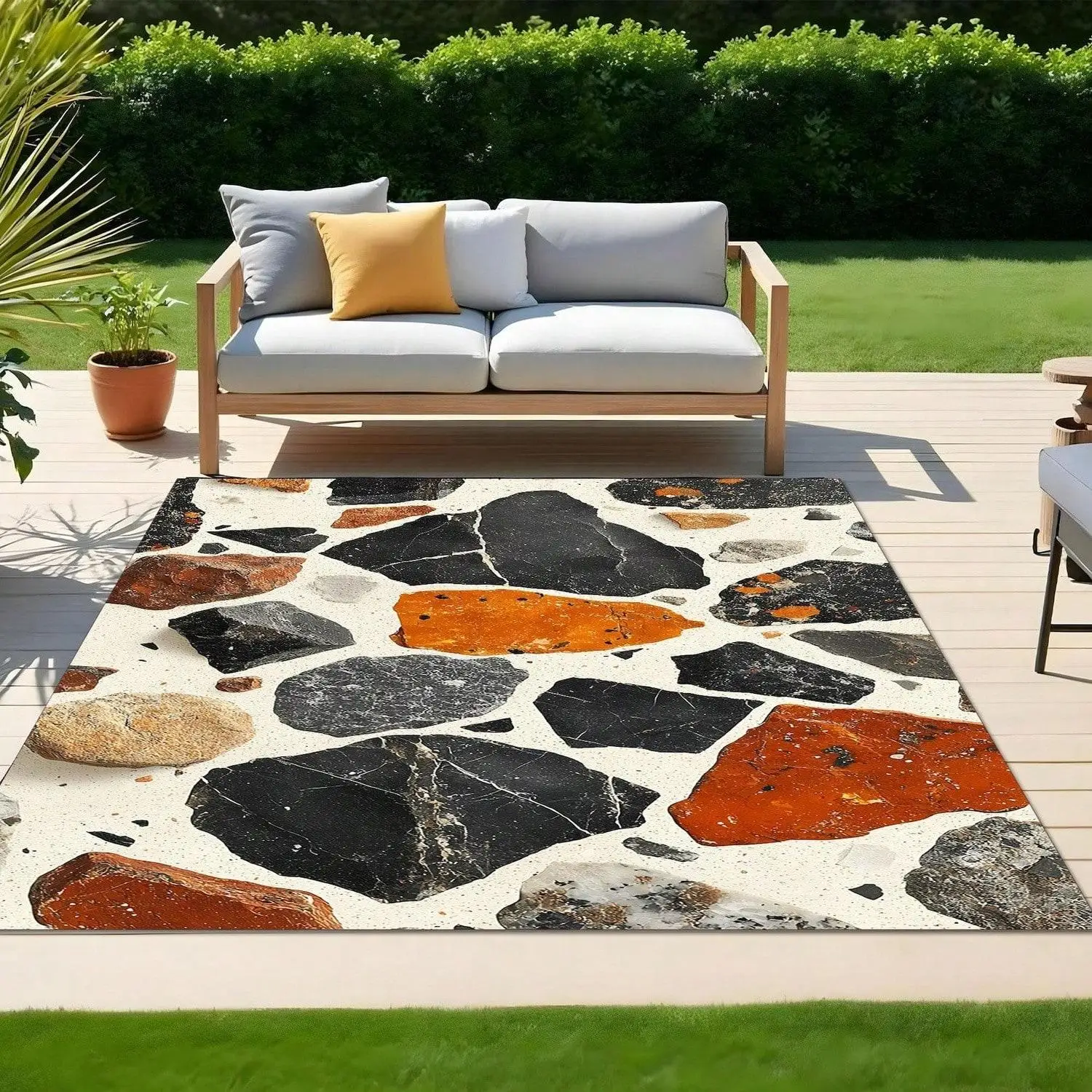 Modern Terrazzo Outdoor Carpet, Black and White Orange Stone Pattern Design, Weather-Resistant Patio Carpet, Washable, Easy to Clean, Non-Slip, Deck Garden Mat