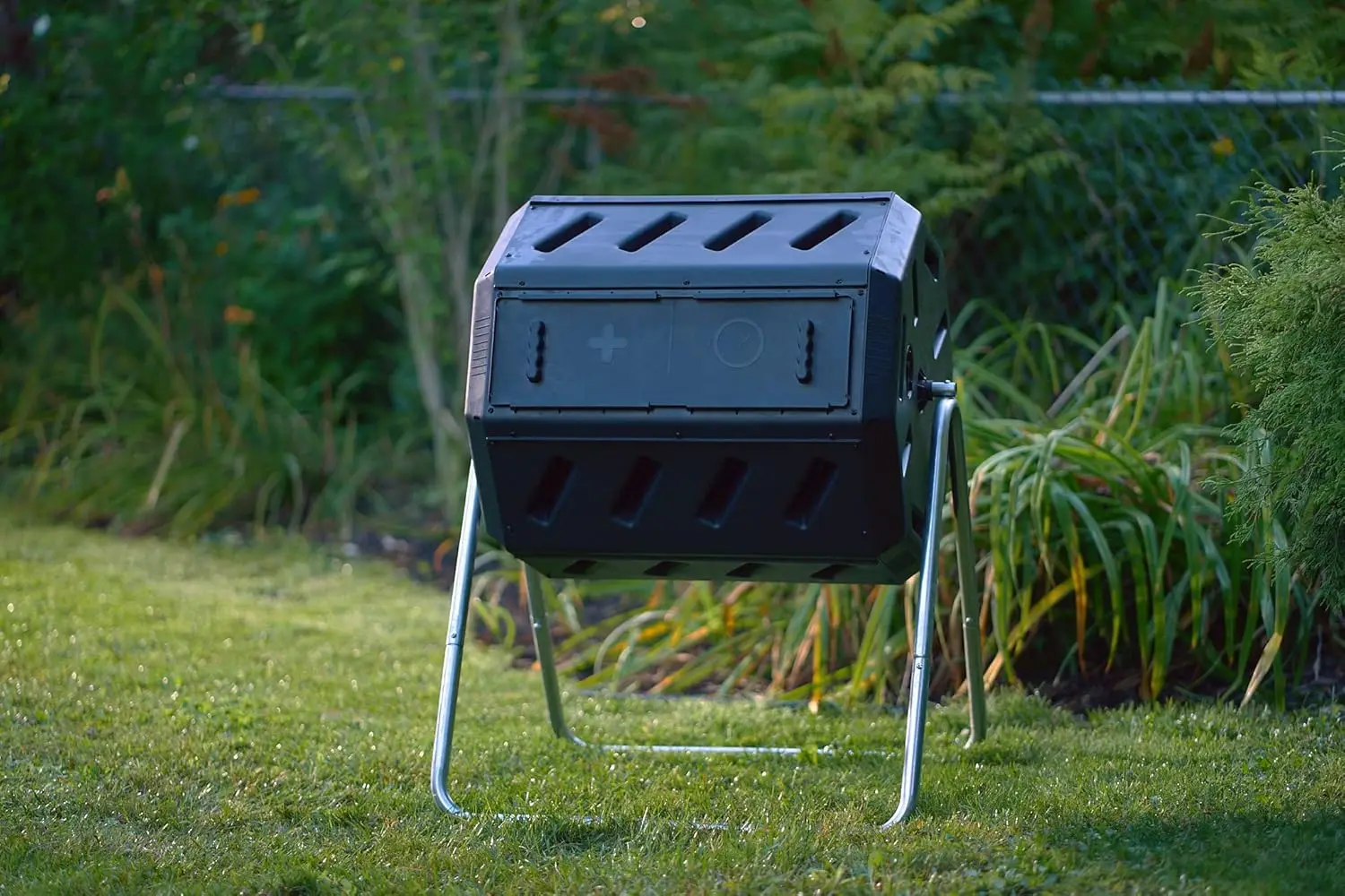 FCMP-Compost giratorio de doble cámara IM4000 para exteriores, papelera de vaso hecha en Canadá, 100% resina reciclada, 37 galones