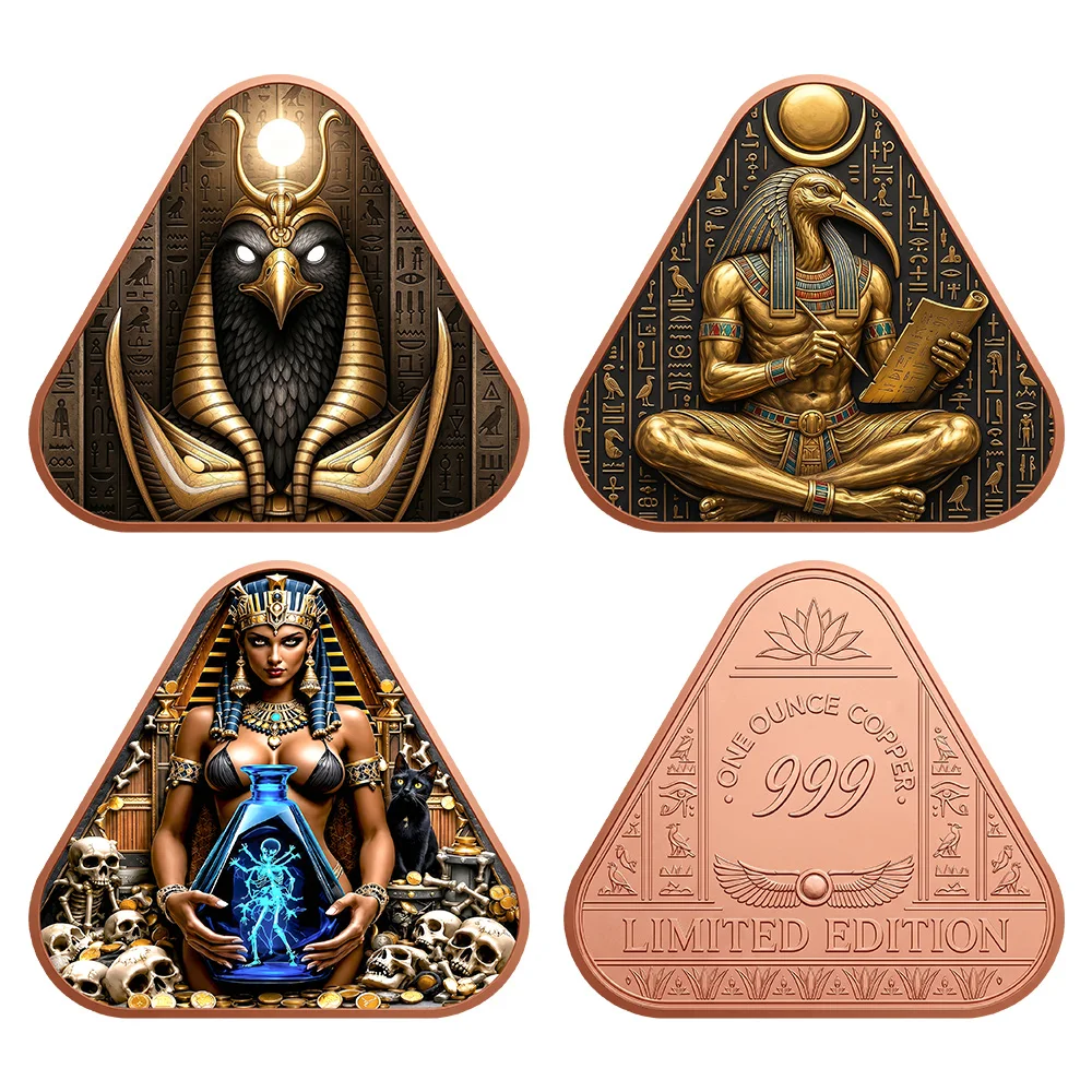 Triangular Egyptian Myth Copper Coin .999 Fine Limited Edition Horus Thoth Ancient Queen Hieroglyph Retro Collectible Medal Gift