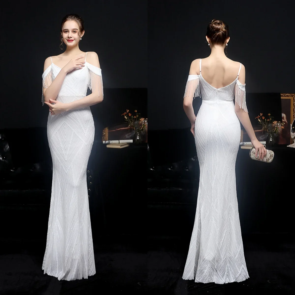 

Evening Dresses White Sequins Stretchy Beads Zipper Back Mermaid Trumpet Floor Length Women Party Formal Gowns YE060