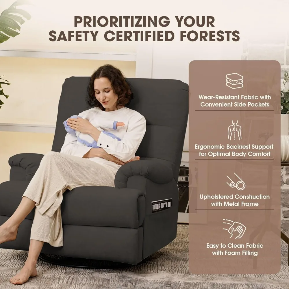 كرسي هزاز دوار باللون الرمادي مع وظيفة أريكة للاستلقاء في الحضانة، 23 بوصة #5