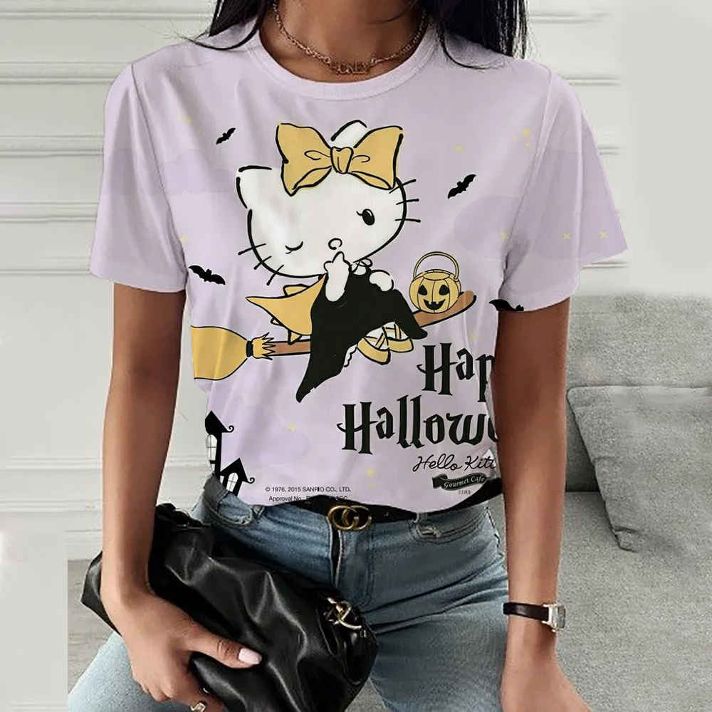 Women Hello Kitty Kuromi print T Shirt Lady Fashion Clothing Short Sleeve Cartoon Clothes Summer Female Tees Graphic T Shirts