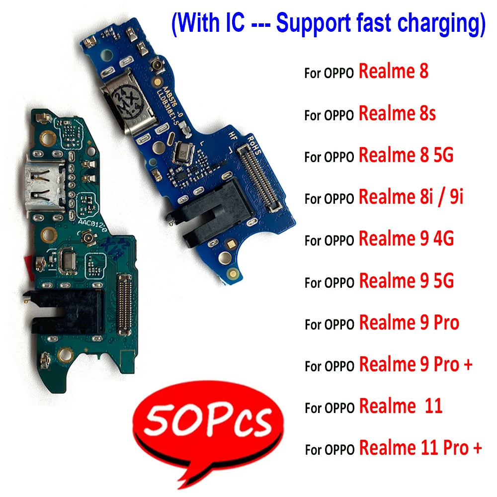 50Pcs，USB Charging Port Dock Charger Plug Connector Board Flex Cable For OPPO Realme 8 9 5G 8S 8 Pro 5G 8i 9i 8 4G 9 11 Pro Plus