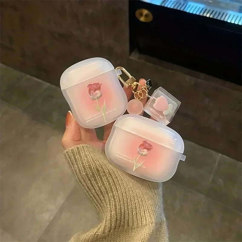 Elegant Sfumato Rose AirPods Case with Tulip Charm For Airpods Pro 2/Pro With Keychain Cover For Airpods 4 2024  1 or 2 /3