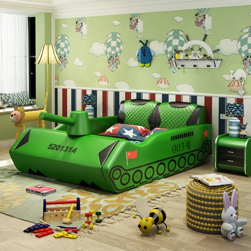 Cama verde de dibujos animados para niños con marco de barandilla, cabecero de cama king, cama de día, muebles de dormitorio casal