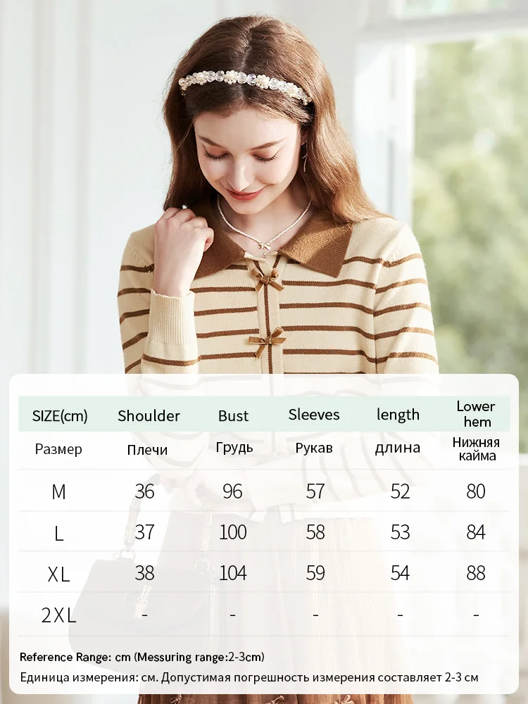 I BELIEVE YOU Women Sweater Autumn 2023 Apricot Striped French Slouchy Bow New Polo Collar Slim Knitted Sweet Tops 2234125238