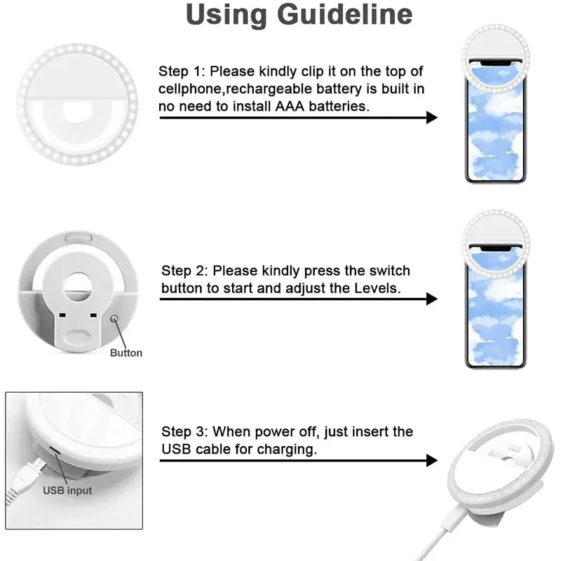 Portable USB Charge Phone Lens Lamp Led Selfie Ring Light Mobile Phone Live Broadcast Video Selfie Fill Light For All Smartphone