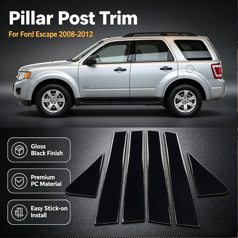 For Ford Escape 2008-2012 PC Black Car Door Window Center B Pillar Post Cover Trim Exterior Car Accessories