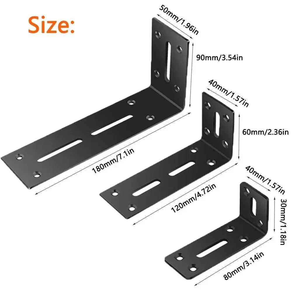 Black L-shaped heavy-duty bracket, 90 degree slotted corner bracket, suitable for DIY furniture repair rack