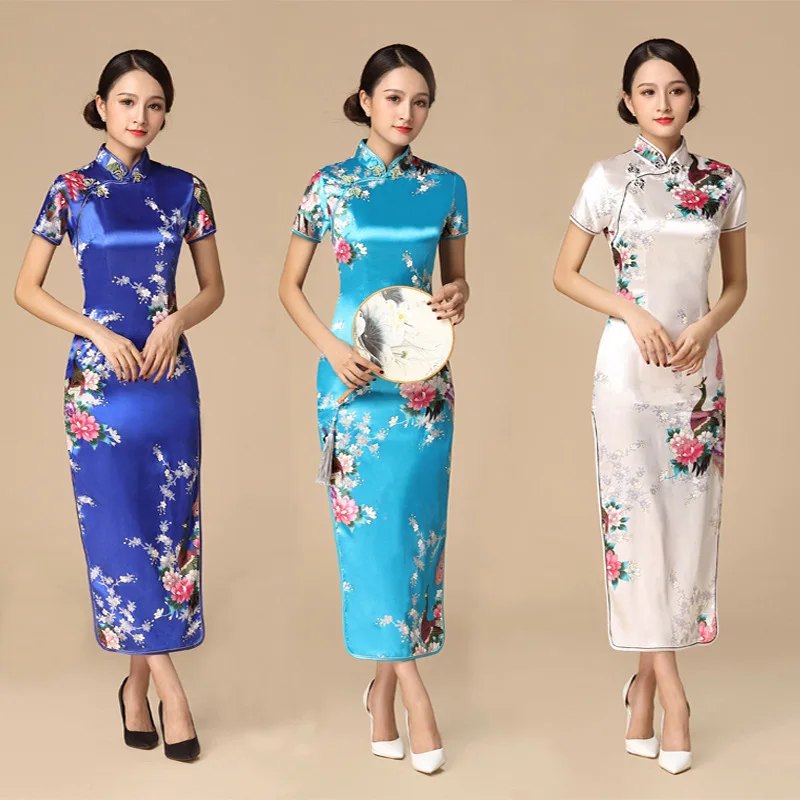 Seksowna sukienka w stylu chińskiej tradycji Cheongsam drukuj satynowa Qipao Lady eleganckie sukienki letnie nowe długie Qipaos Plus rozmiar 4Xl5Xl6Xl