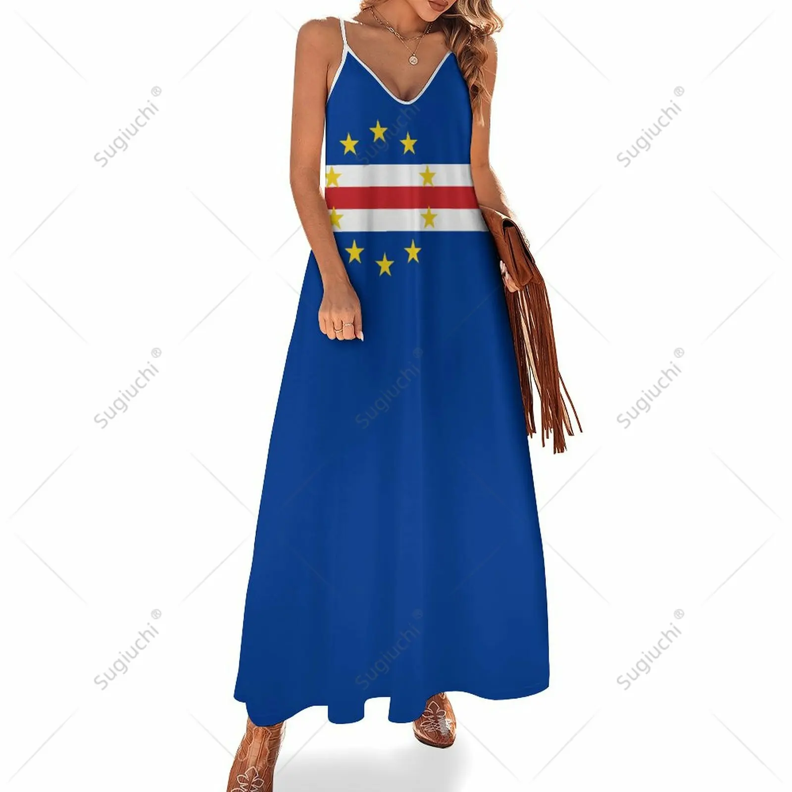 Lange Jurken Jurk Cape Verde Vlag Print Nieuwe Casual Mouwloze Dames V-Hals Bedrukte Jurk Swing Retro Jurken