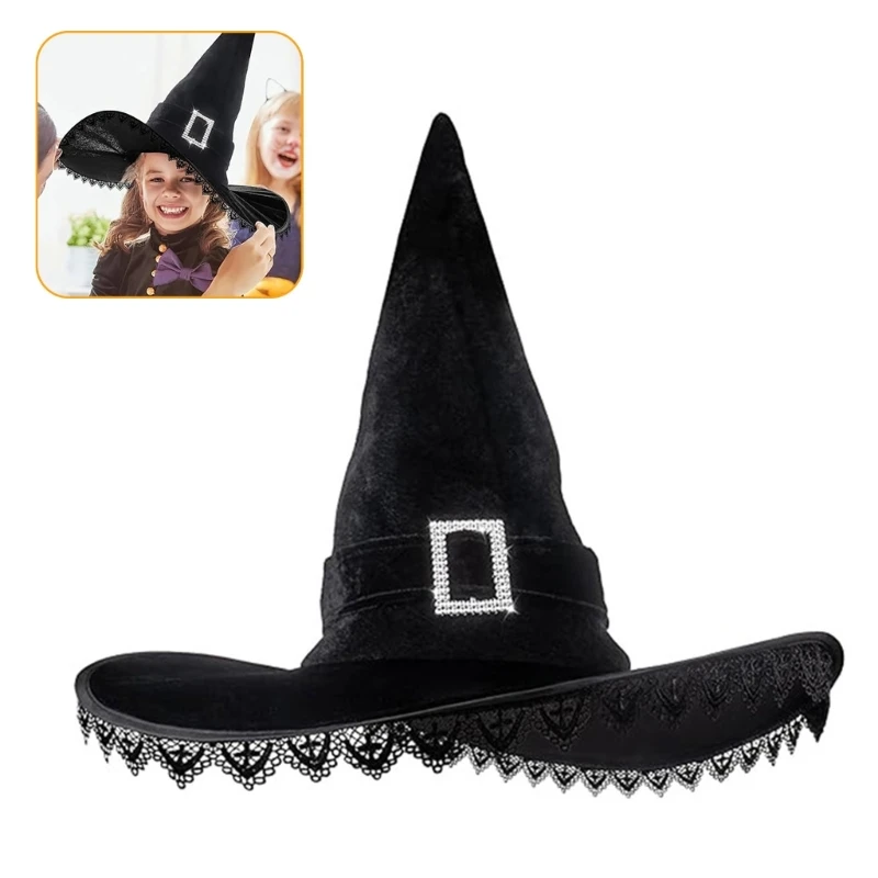 Plain Color Witch Hat Adult Teen Halloween Parties Witch Hat with Lace Trim Practical Adult Cosplay Hat for Photography