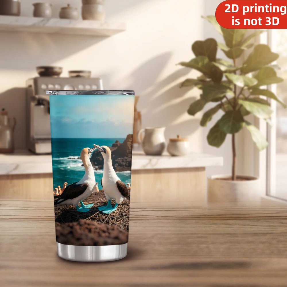20oz Blue Footed Booby Printed Stainless Steel Tumbler with Lid and Straw, Galapagos Ocean Seabird Couple Coastal Wildlife Landscape Vacuum Insulated Travel Coffee Mug Gifts for Bird Lovers