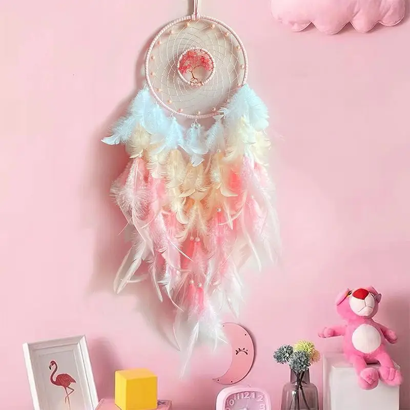 

Pink Feather Dream Catcher Wind Chime - DIY Handmade Kawaii Room Decor for Home Festival, Bohemian Wall Hanging Ornament
