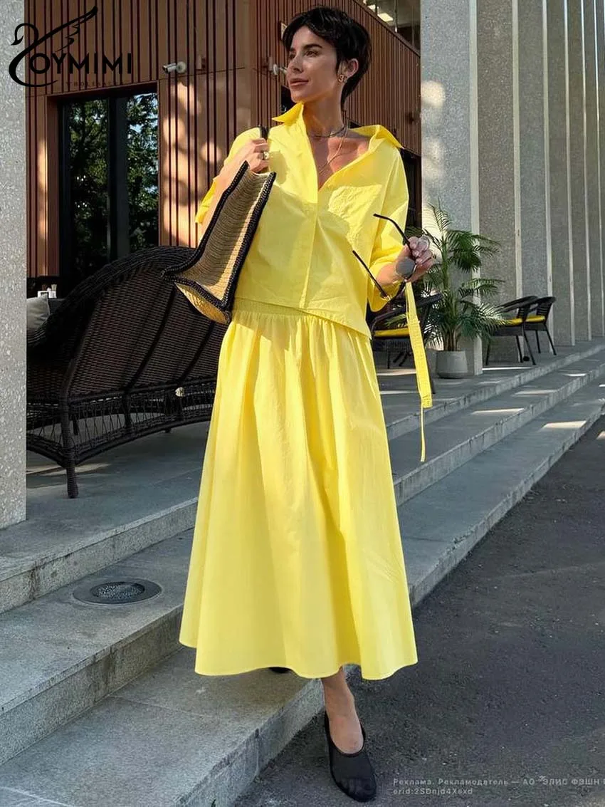 Oymimi set katun kuning kasual wanita, 2 potong Fashion longgar lengan setengah dan rok setengah betis pinggang tinggi berlipat