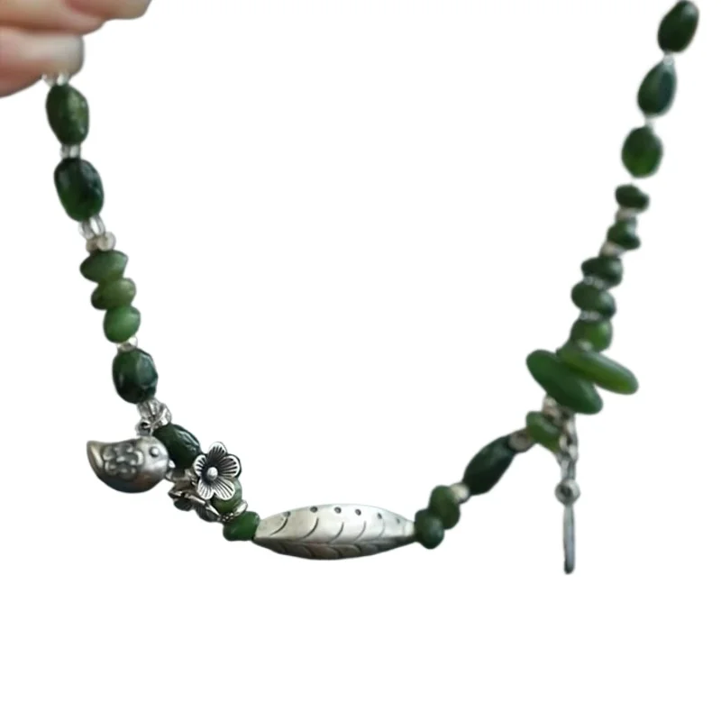 

925 silver leaf bird small flower Hetian jade jasper necklace retro green ethnic style collarbone chain