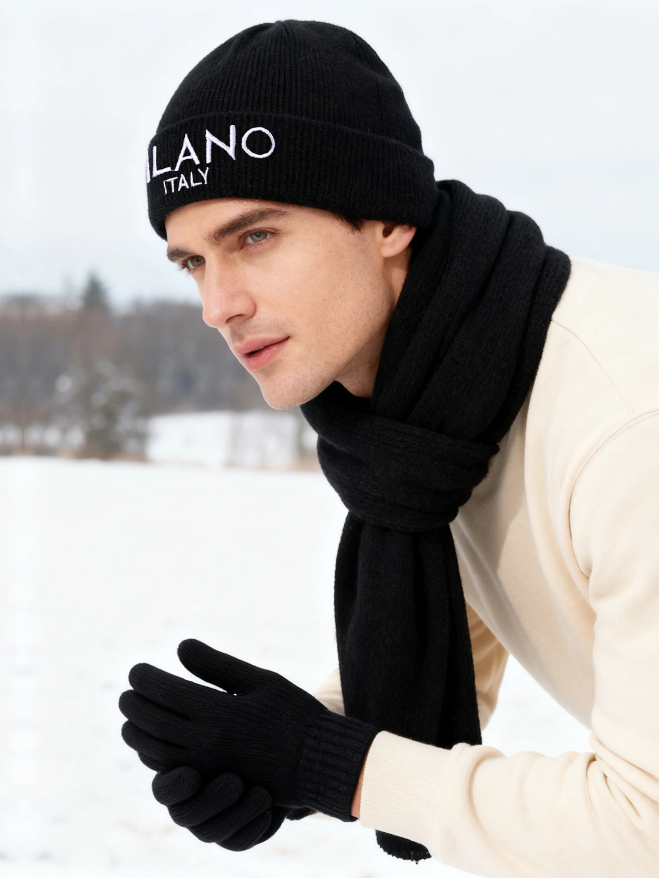 3 قطع قبعة صغيرة متماسكة للشتاء الدافئ "ميلانو إيطاليا" مطرزة - أغطية رأس عصرية ناعمة مقاومة للرياح