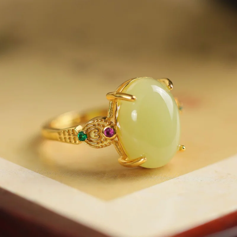 

Hetian Jade Желтый материал для рта Лапша Ruyi S925 Серебряное позолоченное регулируемое кольцо
