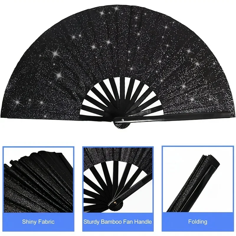 Sparkling Hand Fan Large Party Foldable Bamboo Fan for Festival Performance Elegant Glittering Reusable Decoration Accessory