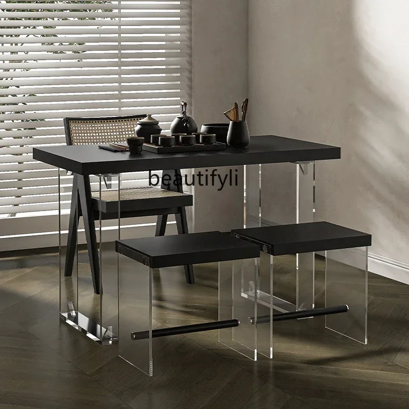 

xxxLiji Wind Black Balcony Solid Wood Living Room Acrylic Suspension Tea Table and Chair