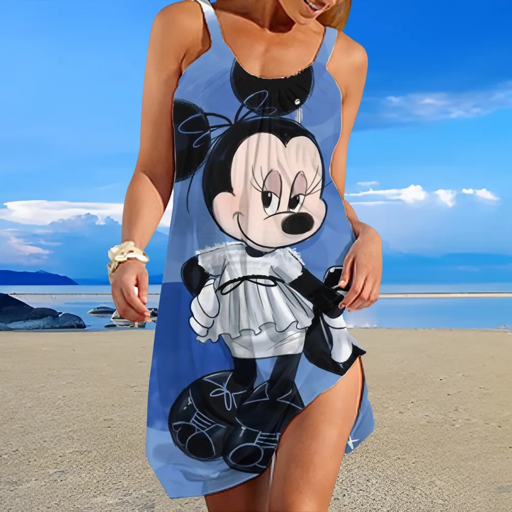 

Fashion off-shoulder Design Female Suspender Dress Disney Character Pattern Printed Beach Style Comfortable knee-length Skirt