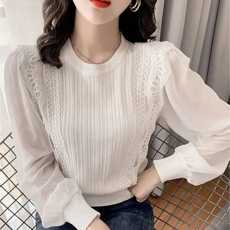 Commute Solid Color Knitted Spliced Shirt 2023 Spring Autumn Long Sleeve Stylish Hollow Out Lace Women\'s Clothing O-Neck Blouse