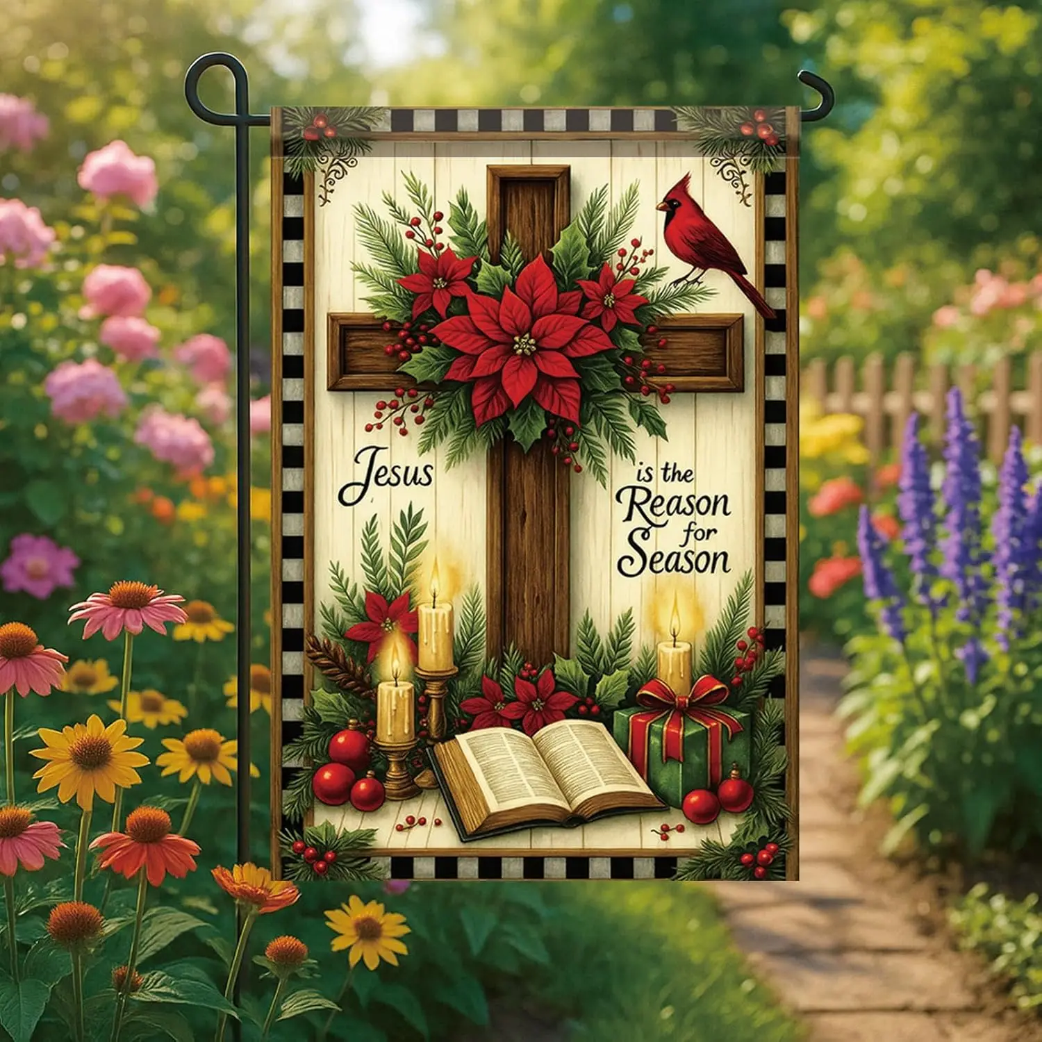 عيد الميلاد حديقة العلم يسوع هو سبب الموسم الصليب الكتاب المقدس البونسيتة 12x18 بوصة مزدوجة الوجهين في الهواء الطلق ساحة راية FFI