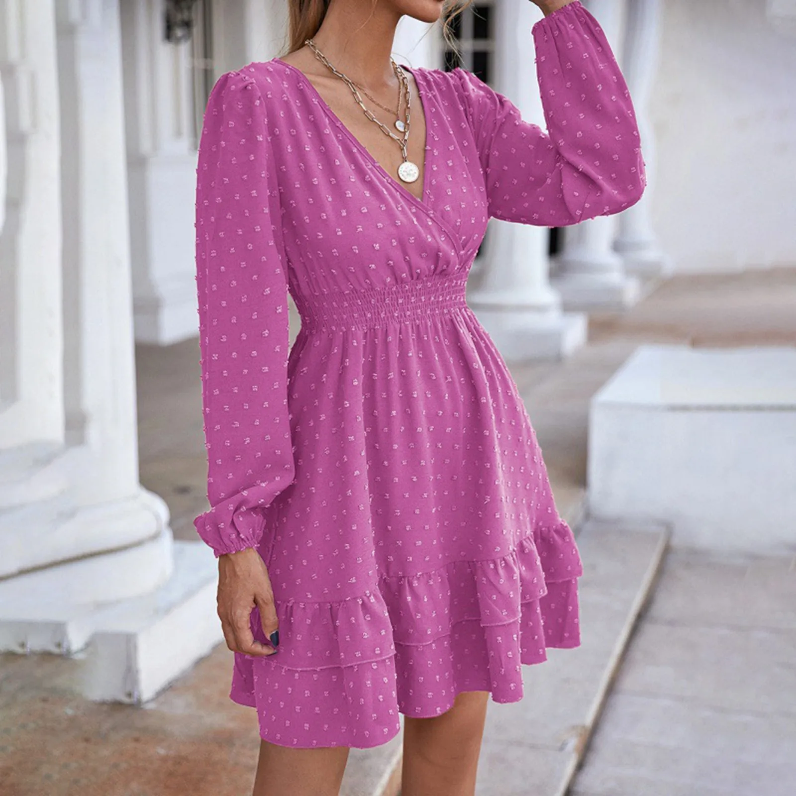 

Women'S Summer And Autumn Pink A Line Chiffon Fashion Dresses V Neck Waist Ruffle Woman Hedging Lantern Long Sleeve Dresses 2024