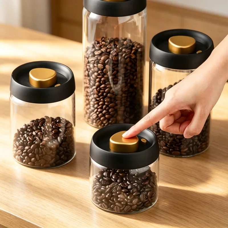 Manual Vacuum Sealed Glass Jar Multi Capacity Moisture-proof Coffee Bean Tea Storage Black Lid Kitchen Container