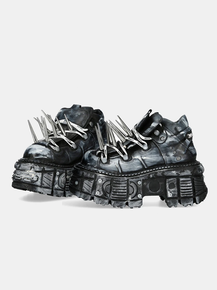 

Кожаная обувь Тяжелый металл Темный рок Байкерские ботинки Рваные высокие туфли с шипами, увеличивающие рост Туфли на толстой подошве