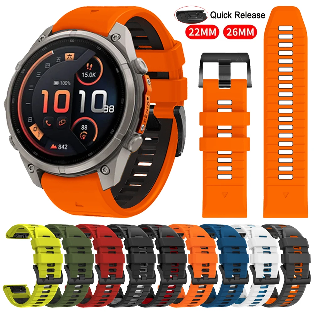 22/26mm Sport Rubber Strap For Garmin Fenix 8 9 9Pro AMOLED Solar inReach, AMOLED 47mm 51mm/Epix/Enduro/Tactix QuickFit Bracelet