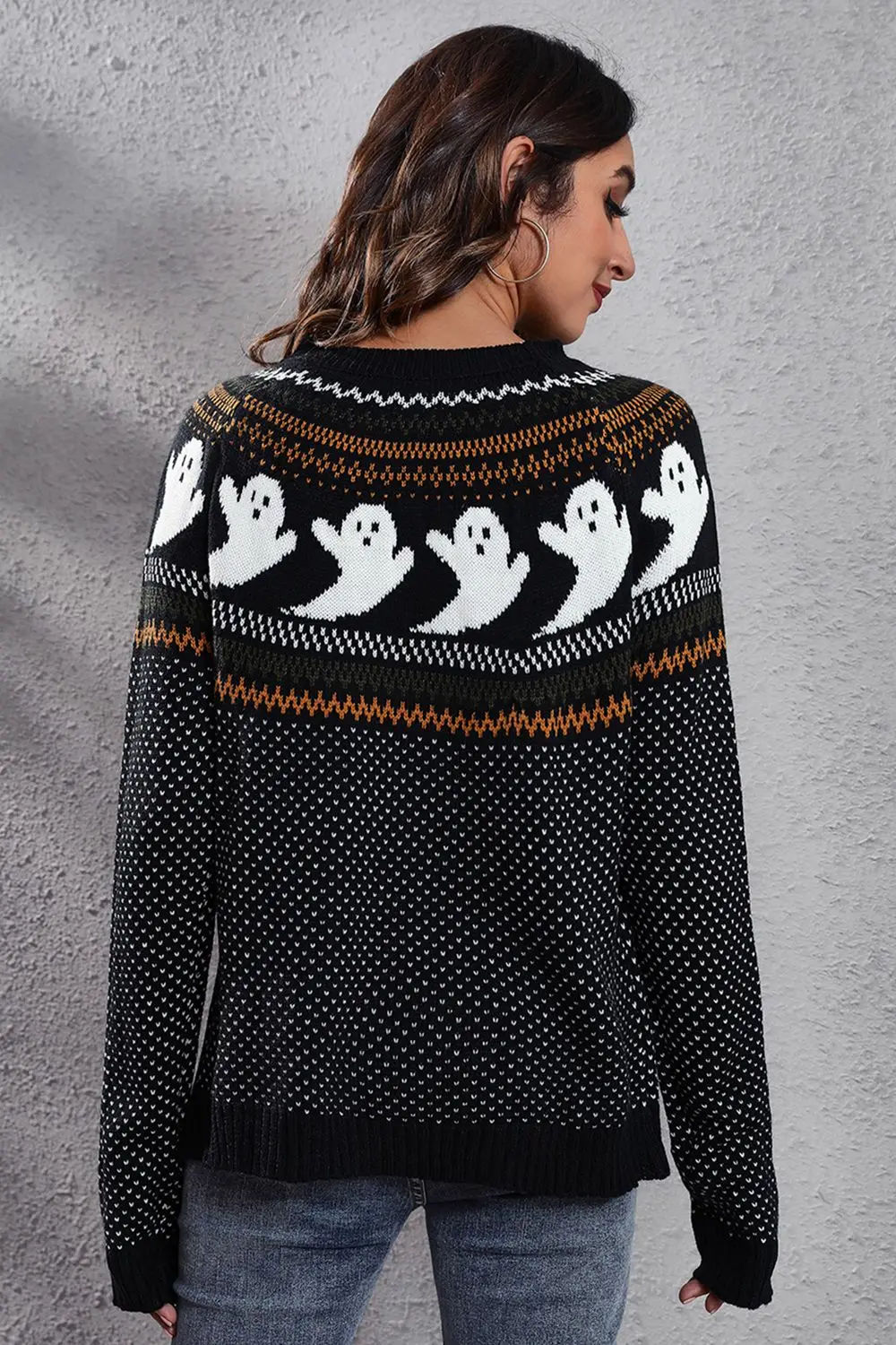 Women's Fall and Winter Halloween Ghost Pattern Ribbed Round Neck Long Sleeve Sweater Pullover