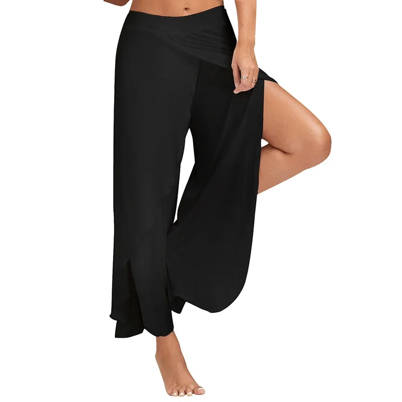 Women Wide Leg Pants Capris Solid Loose Bloomers Pants Fitness Dance Wear Split Trousers Elastic Yoga Pants Beach Palazzo Pants