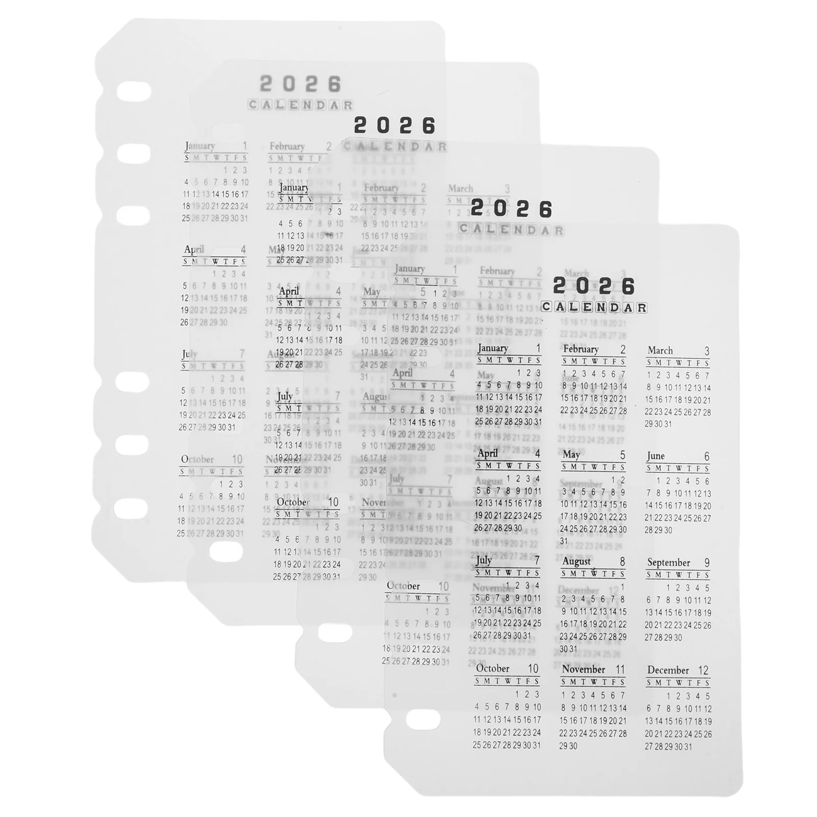 4Pcs 2026 Calendar Divider Frosted Plastic A6 6-Hole Refillable Inserts for Planner Notebook Date Organization Office